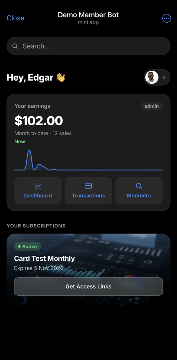 Mini App — a member's home screen with their active subscription and access links.
