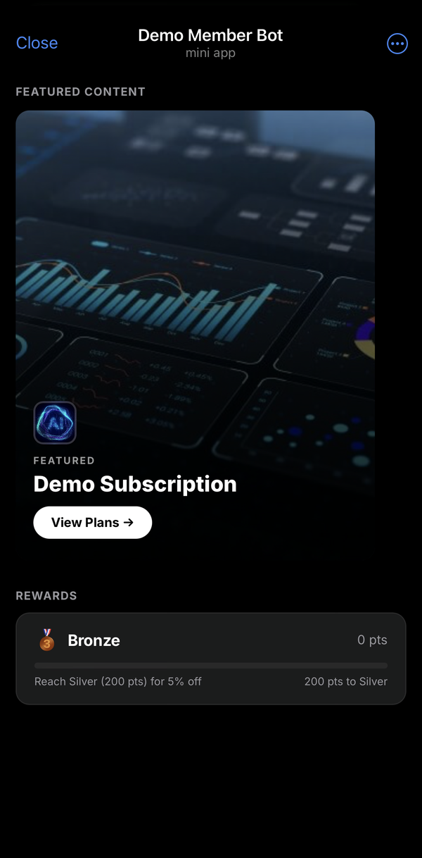 Mini App — featured content and loyalty reward tiers.