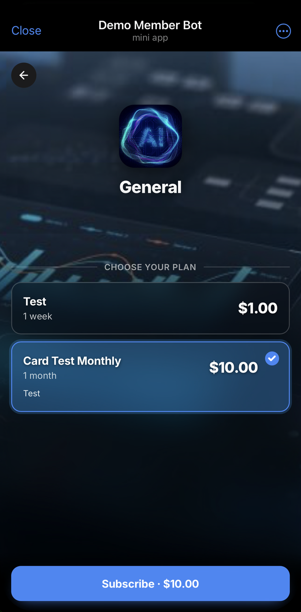 Mini App — a member choosing between plans and subscribing in one tap.