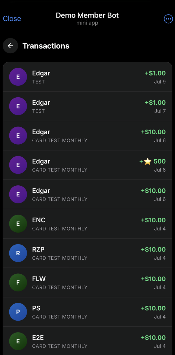Mini App — the creator's transactions list: who paid, how much, and on which payment rail.